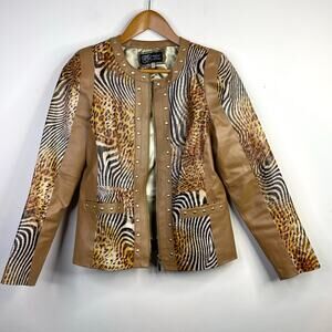 Sharif 1927 Tan Leather Mixed Animal Print Leather Mob Wife Moto Jacket womens S